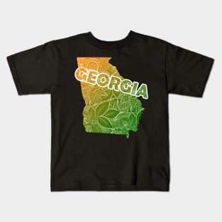 Colorful mandala art map of Georgia with text in green and orange Kids T-Shirt